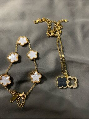 Gold Clover Pendant Necklace and White Clover Bracelet - Women Jewelry